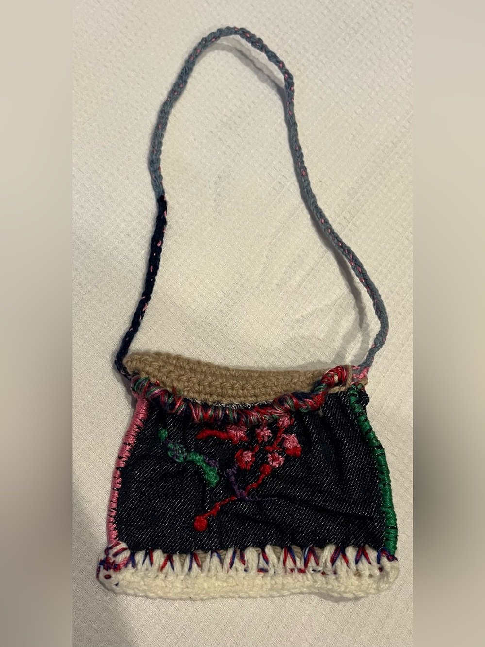 Handmade Embroidered Denim Mini Pouch Floral Boho Crochet Small Bag 5.5x4 NEW